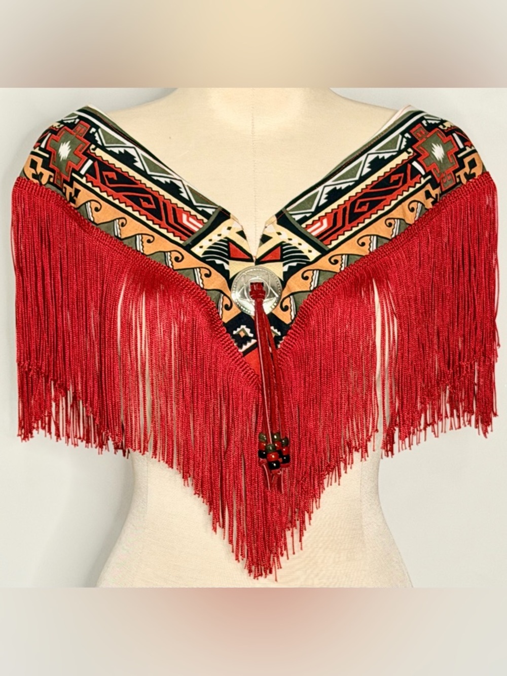 VTG Country Western Santa Fe Red Fringe Blouse or Top Overlay